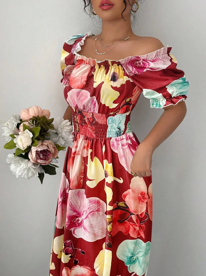 BKLD Women Clothing Summer Floral Print Dress Short Sleeve Square Collar Beach Holiday Outfits Waist Ruched Long Dresses Party