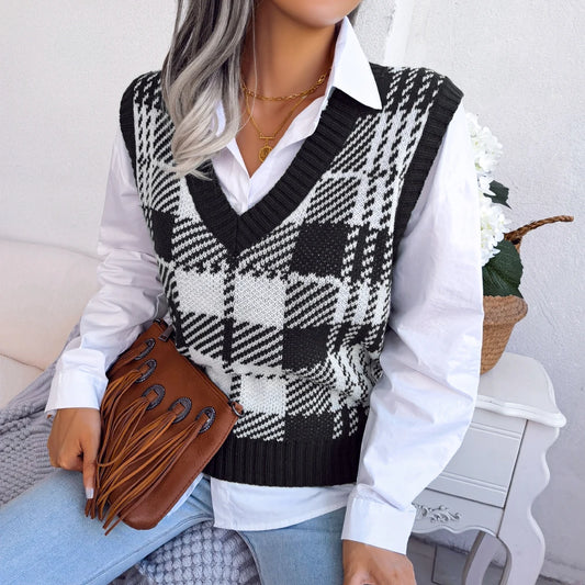 Knitted Sweater Vest for Women Autumn Winter 2026 Pretty Style Plaid Sleeveless Pullovers Knitwear