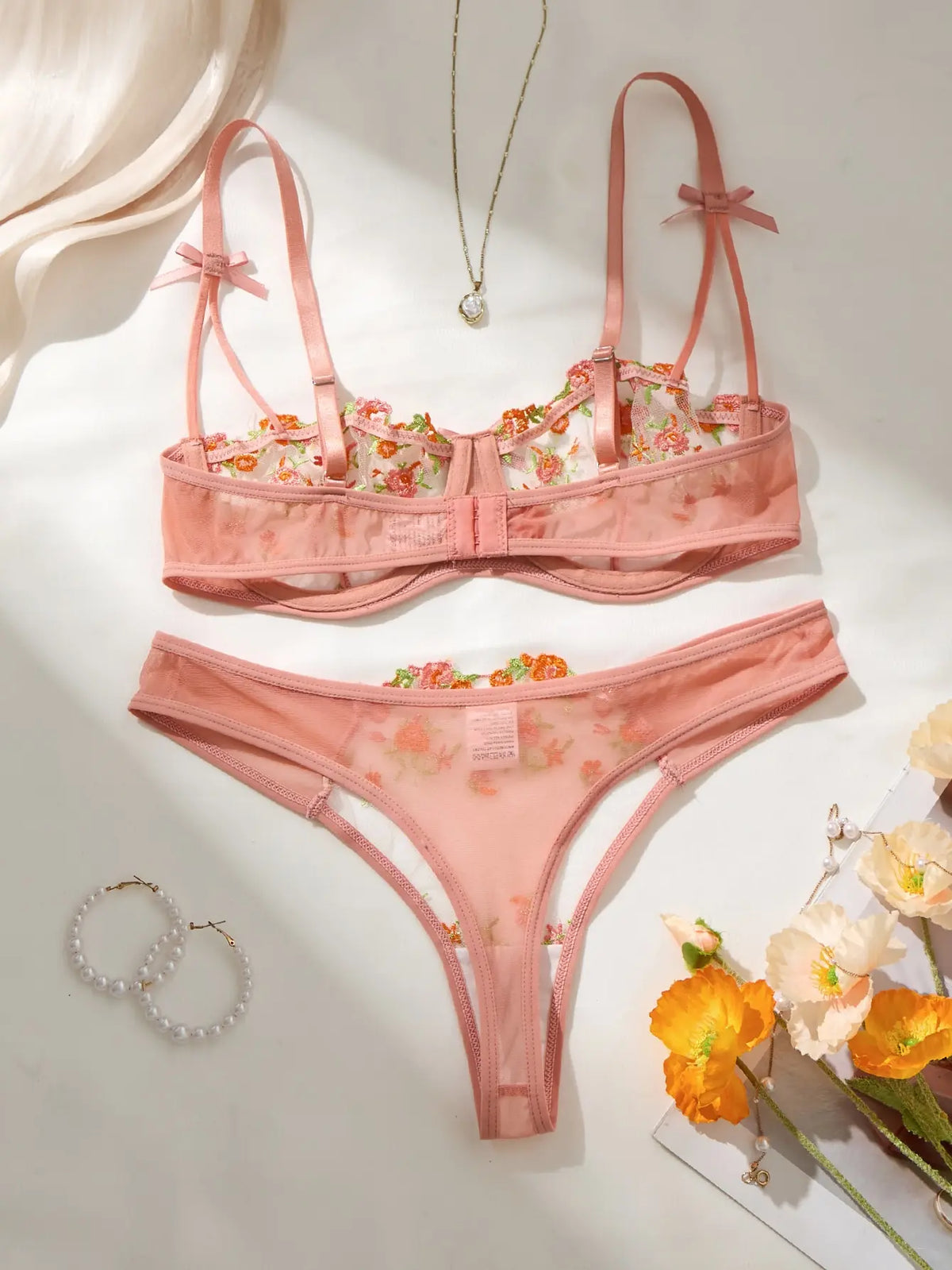 French Orange Floral Embroidery Lace Lingerie Set Sexy See-through Bra Support for Valentine's Party