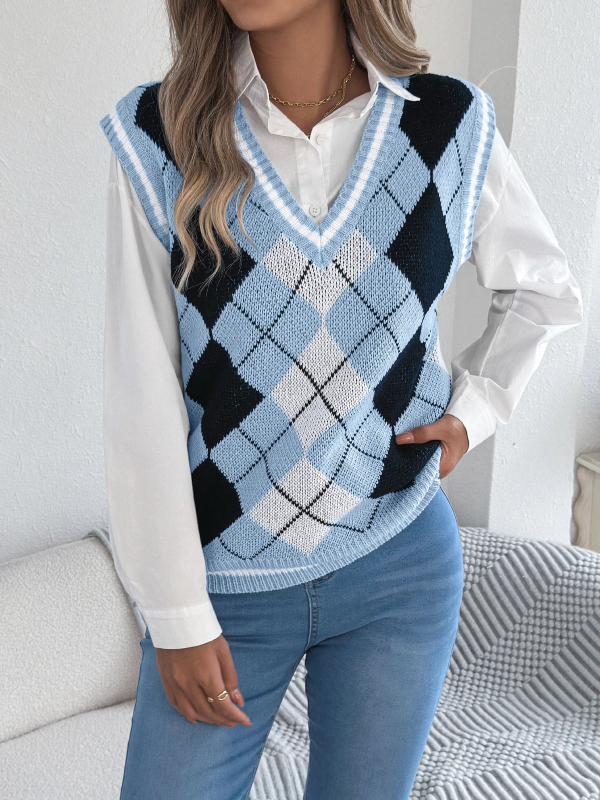 Autumn Winter Casual Knit Sweater Vest for Women 2026 Fashion V Neck Color Block Plaid Sleeveless Knitted Pullover Tops