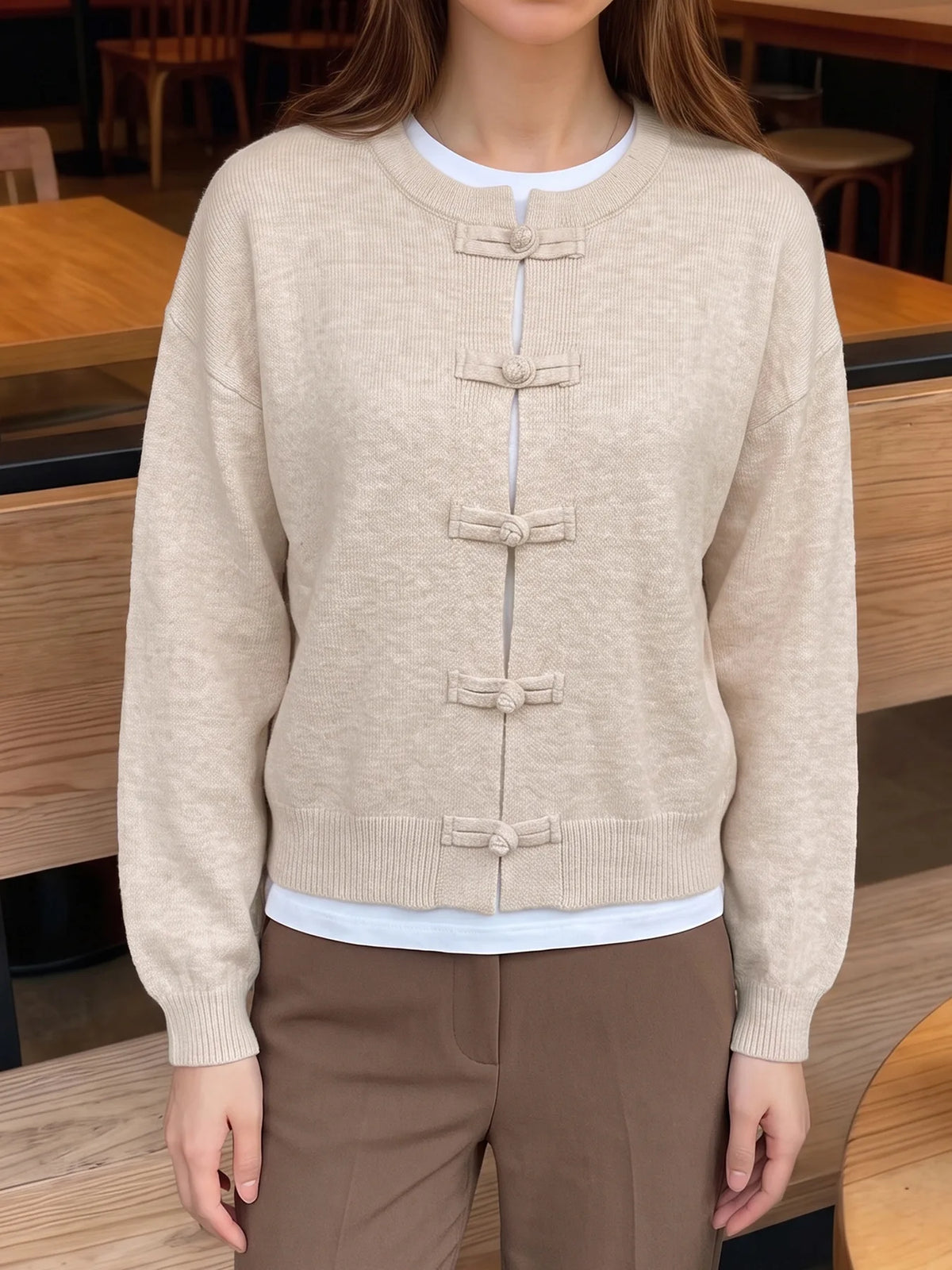 Women Vintage Knitted Sweater Causal Long Sleeve O-Neck Soft Warm Chinese Style Buckle Cardigan Female Autumn Winter Outerwear