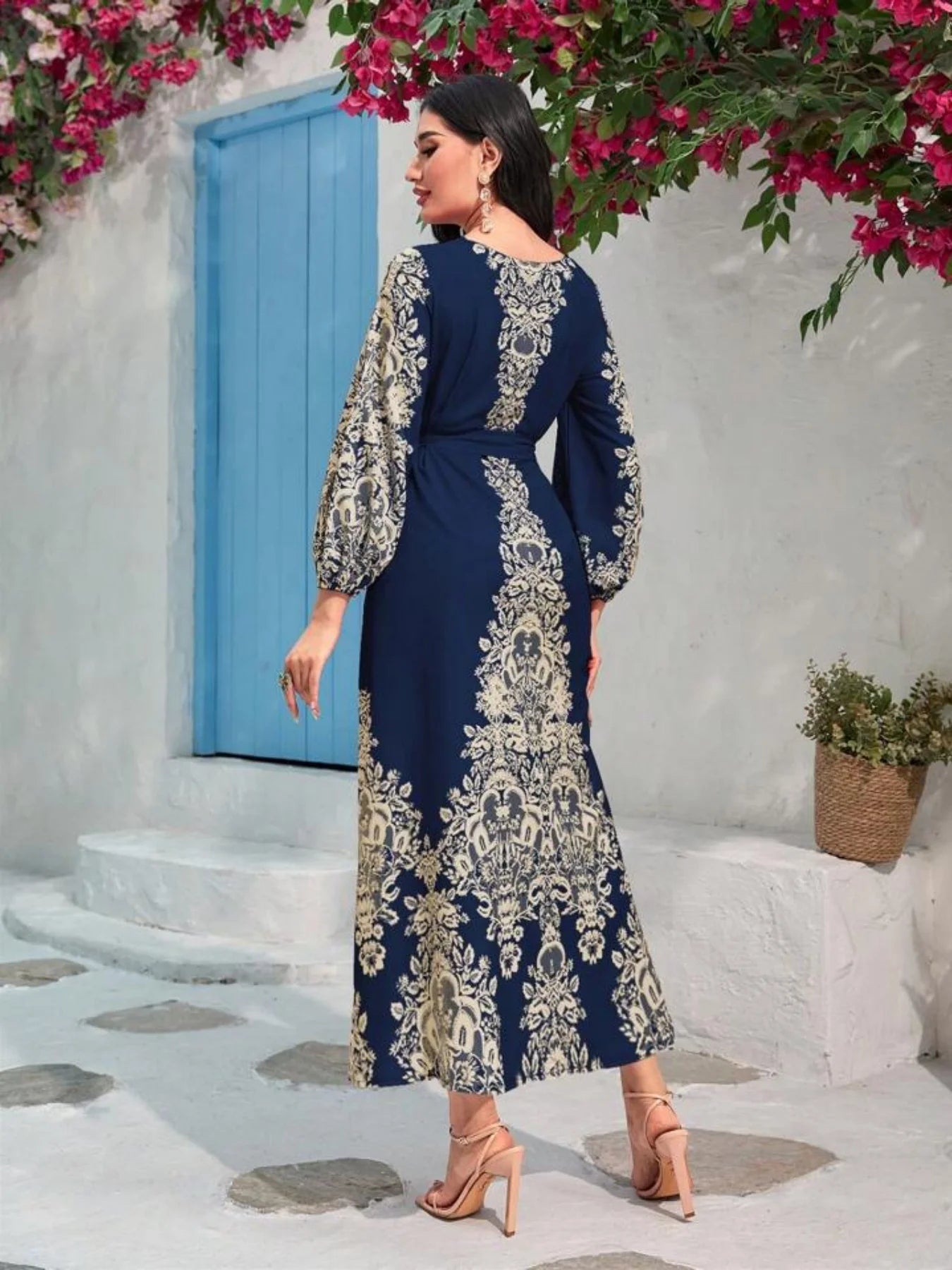 New arrival  Lady Elegant Classic Print Waist Belt Dress Long Dress