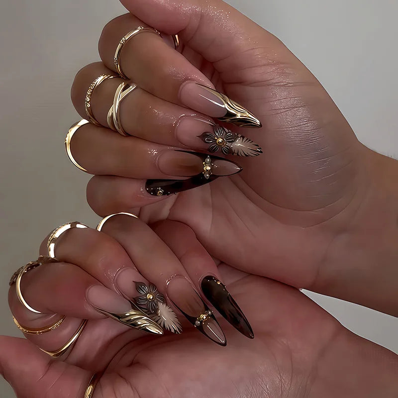 24Pcs Y2k Almond Acrylic Nails Full Cover 3D Diamond Black Nail Art Sweet Cool French Wearable Fake Nail Manicure Tips for Girls