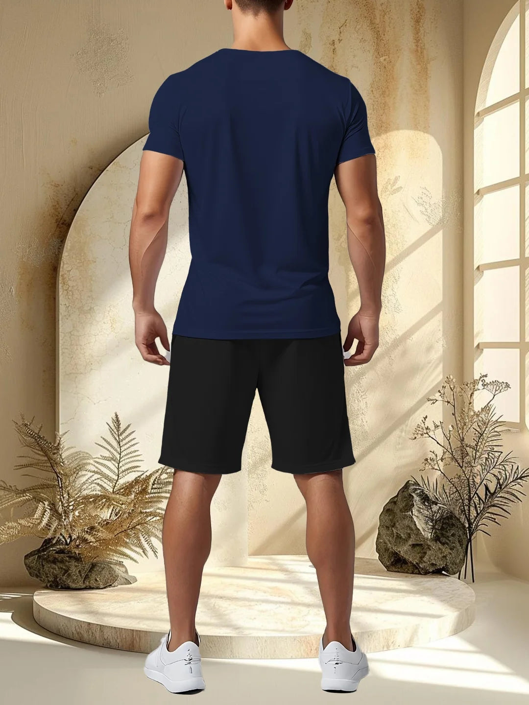 Men's printed two-piece fashionable casual round neck short sleeved T-shirt and drawstring shorts spring/summer sports suit men'