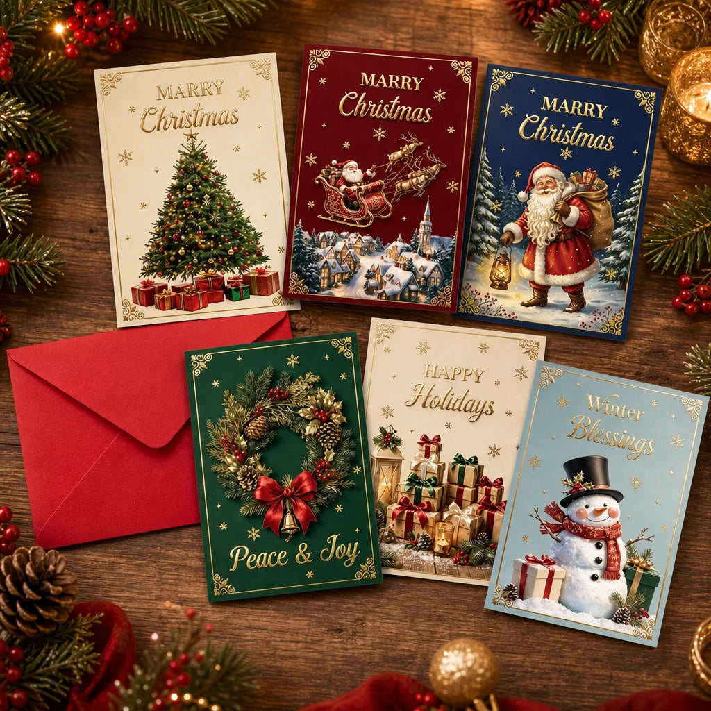 24Pcs Vintage Christmas Greeting Cards with Envelopes, 6 Styles Merry Christmas Holiday Note Cards, Xmas Gift Greeting Postcards