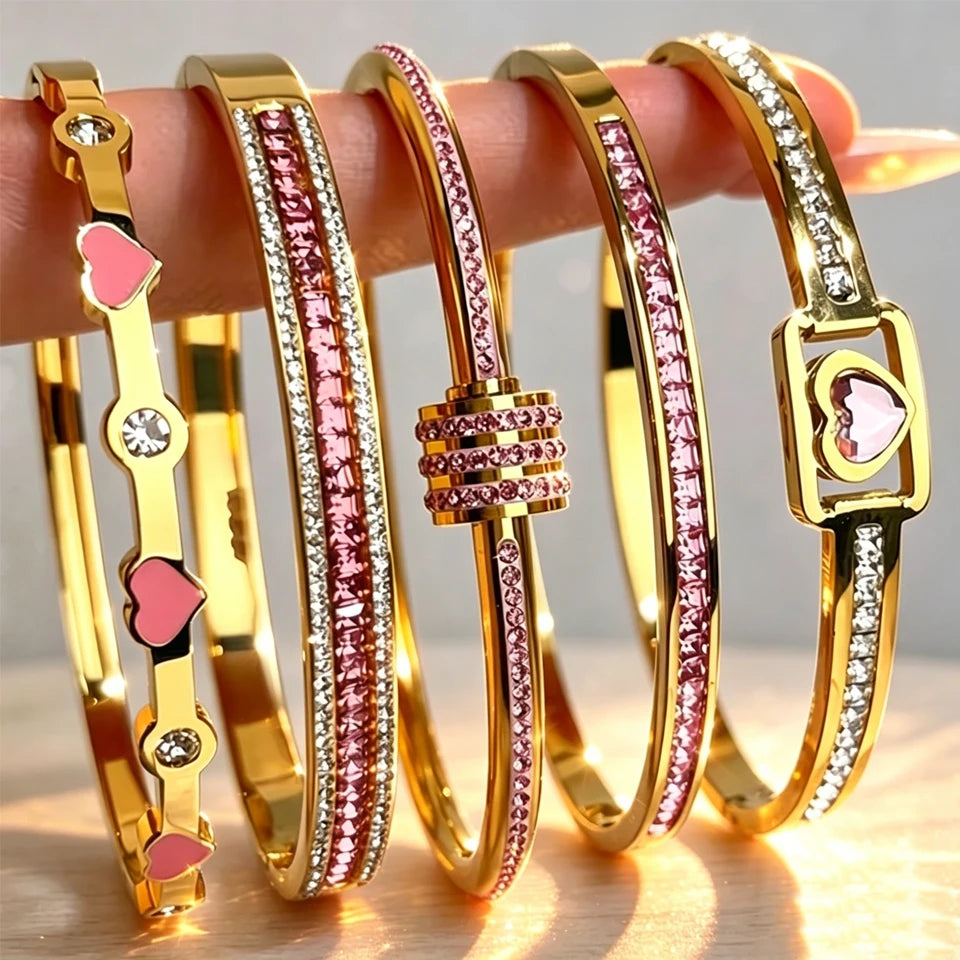 ZAKOL 5/1pcs Fashion Shiny Pink Zircon Inlaid Stainless Steel Bracelets for Women High-end Stacking Bangles Personalized Jewelry