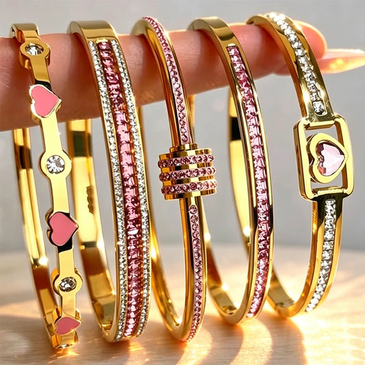 ZAKOL 5/1pcs Fashion Shiny Pink Zircon Inlaid Stainless Steel Bracelets for Women High-end Stacking Bangles Personalized Jewelry