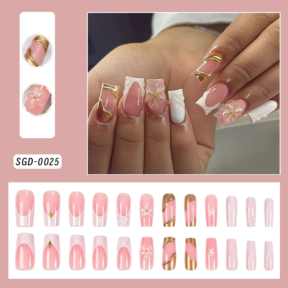 24Pcs Long Coffin French Fake Nails Acrylic Full Cover Square Head False Nails Bow Rhinestone Design Wearable Press on Nails