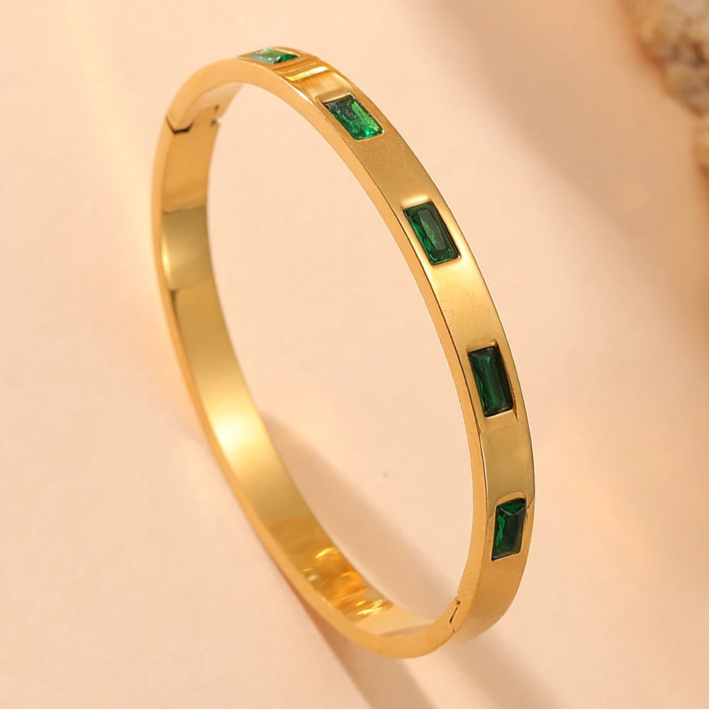 ZAKOL 3 Styles Shiny Green Geometric Zirconia Inlaid Stainless Steel Bracelets for Women Personalized Wedding Party Jewelry