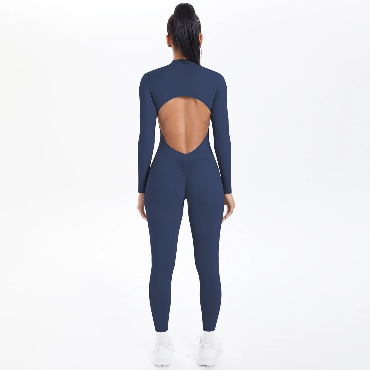 Solid Color Backless Yoga Bodysuits Women's Sportswear Stretch Bodysuit For Women Long Sleeves Jumpsuits Push Up Half Zipper Set