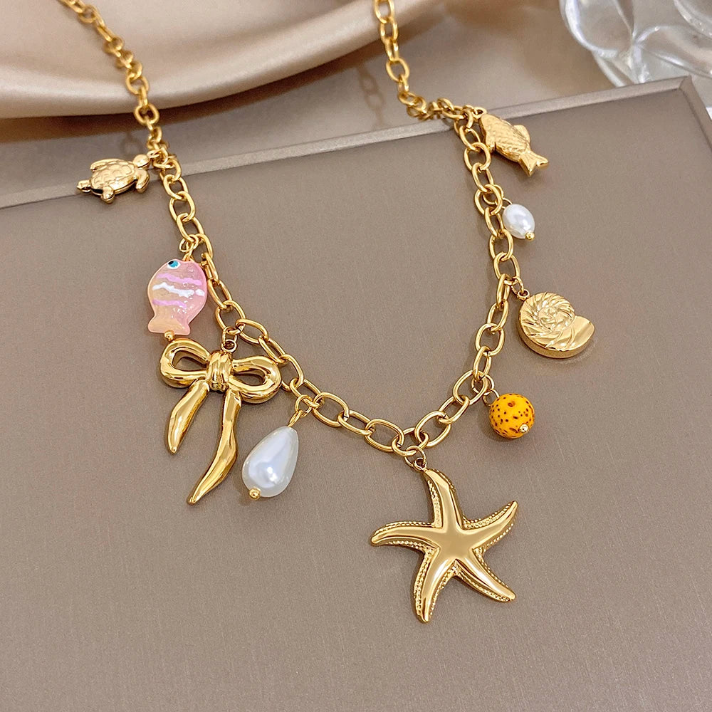 Flashbuy Beach Ocean Style Women's Necklace Sea Star Sea Turtle Sea Conch Charm Stainless Steel Necklace Waterproof Jewelry