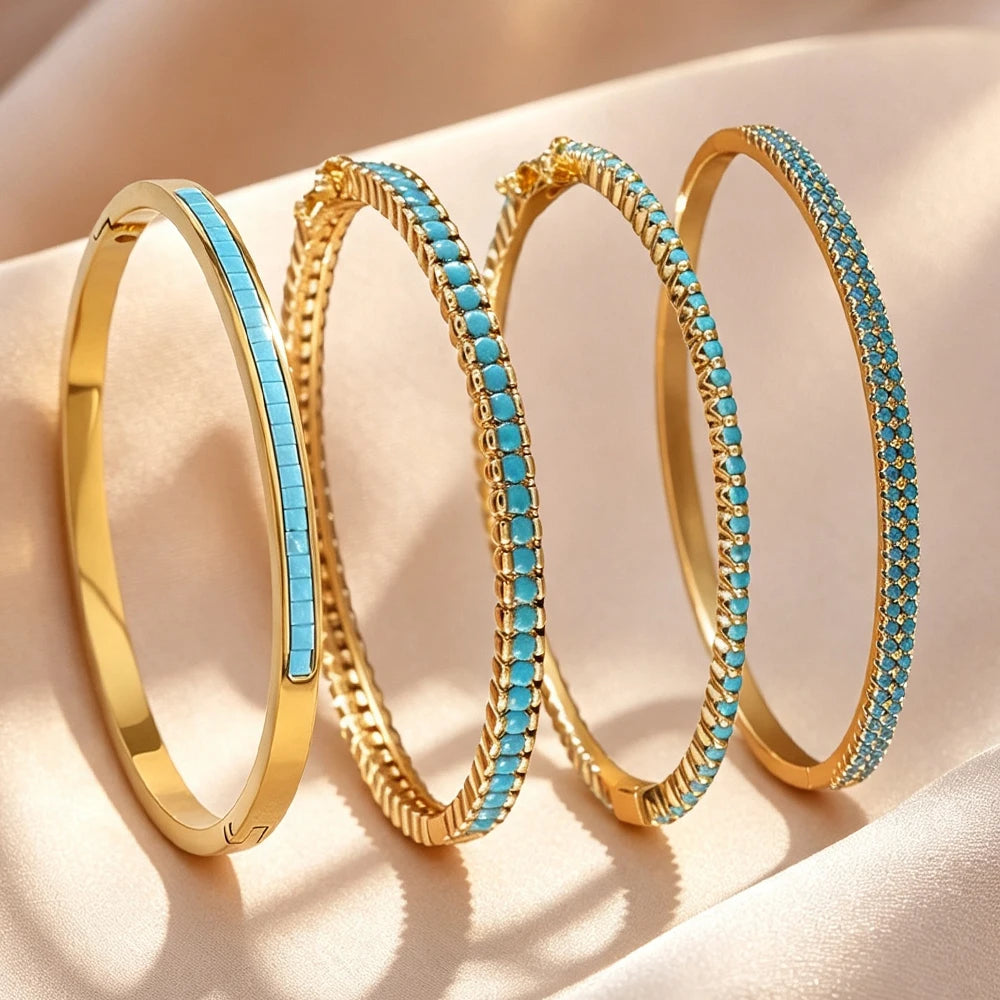 ZAKOL New 4 Styles Bule Turquoise Zircon Inlaid Bracelet Bangles for Women Ffashion Open Buckle Bracelets Stacking Jewelry