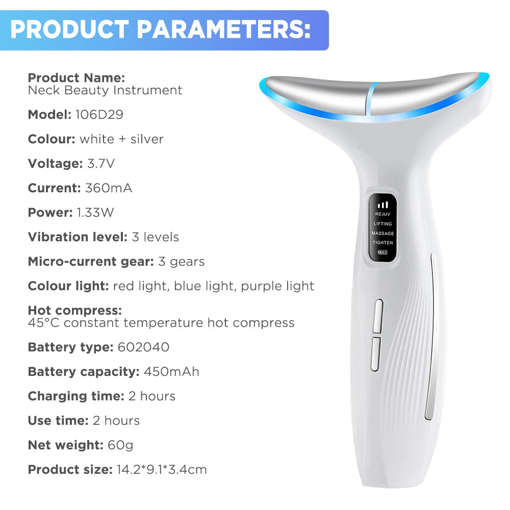 3 Color LED Face Neck Massager Beauty Device 3 Modes 3 Levels Home Use Vibration Lifting Anti Aging Improve Neck Lines Skin Care