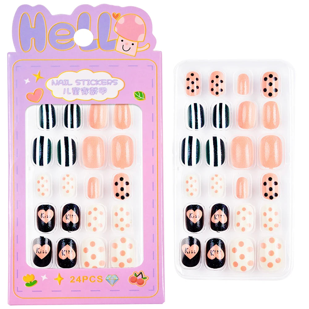 24Pcs/Box Cartoon Heart Bow Rainbow Design Kid Fake Nails Tips Cute False Nail Girls Press on Nails Full Cover Short Fingernails