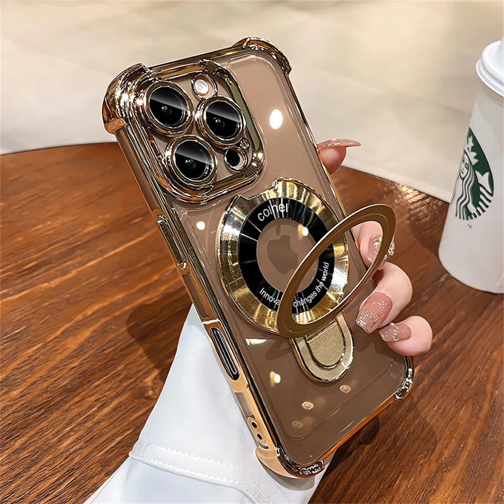 Luxury Plating Shockproof Magnetic Bracket For Magsafe Clear Case For iPhone 16 15 14 13 12 11 Pro Max With Holder Stand Cover