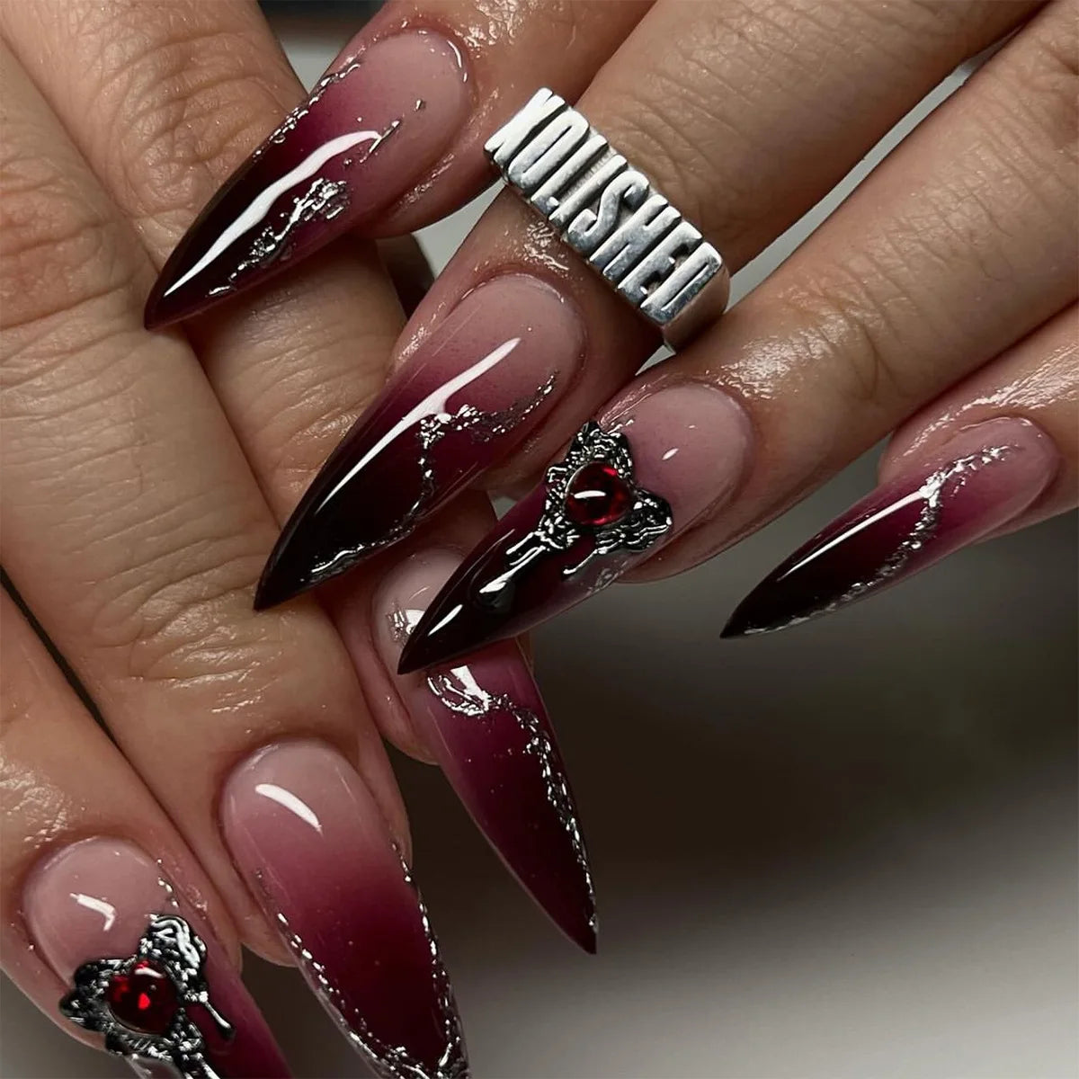 24pcs Red Black Gradient Acrylic Fake Nails Long Ballet Coffin Decorated False Nails with Glue Manicure Reusable Press on Nails