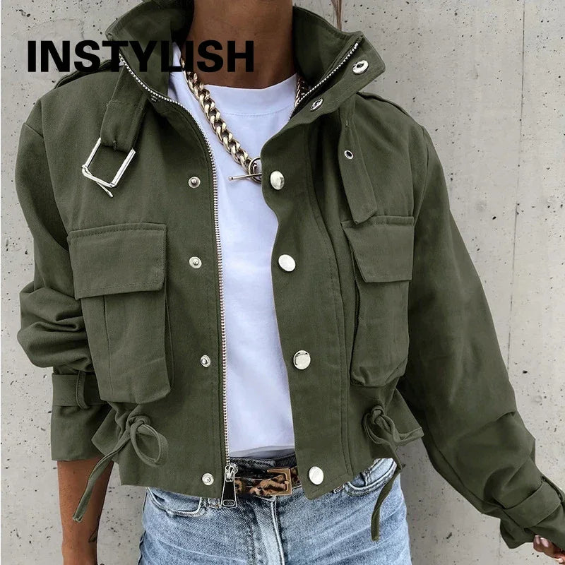 Women Cropped Cargo Jacket Stand Collar Zip Button Long Sleeve Coat Multi Pocket Drawstring Streetwear Casual Short Outerwear