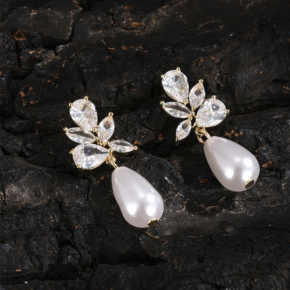 ZAKOL Classic AAA Zircon Pearl Dangle Drop Earrings for Women Shiny Crystal Bride Engagement Wedding Jewelry Ear Accessories