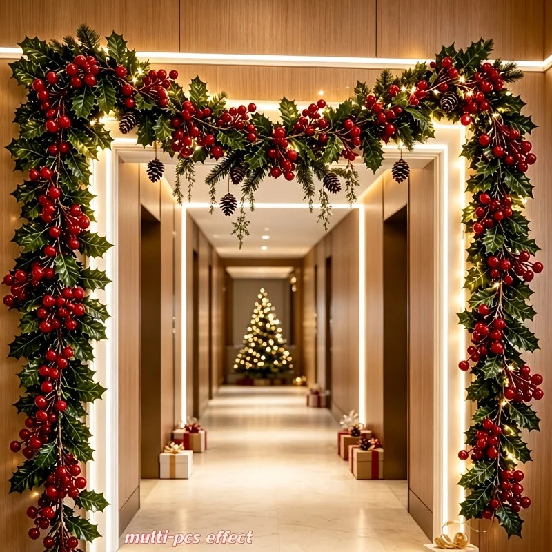 4Pcs 100cm Artificial Holly Berry Garland, Bendable Green Holly Leaf Red Berry Vine, Christmas Mantel Arch Stair Hanging Rattan