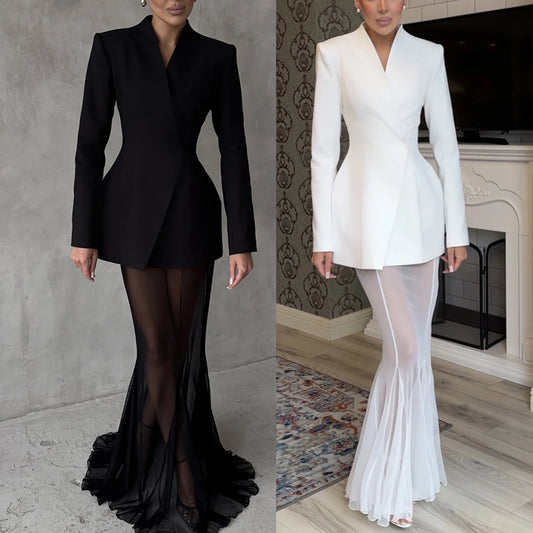 BKLD 2026 Spring New Long Sleeve Satin Tops Suits Solid Color Y2k Clothes Women Loose Elastic Mesh Skirt Two Piece Sets Outfits