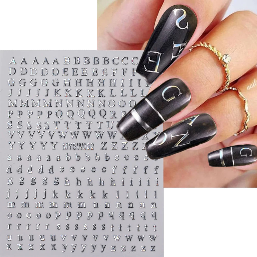 1pc Gold Silver English Letter Nail Sticker Black Laser 3D Alphabet Self Adhesive Decal English Words DIY Slider Manicure Decor