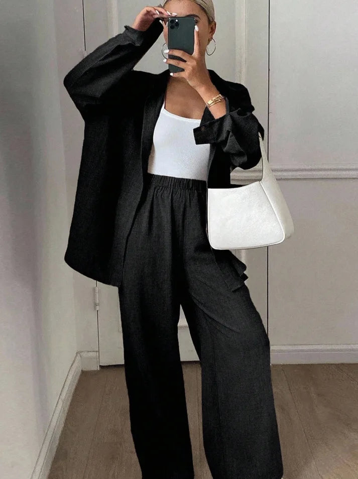 2026 New Women Linen Two Piece Outfit Set Lapel Long Sleeve Button Shirts Elastic Waist Wide Leg Pants Casual Loose Home Suit