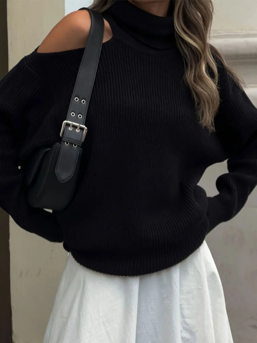 Women New Turtleneck Cutout Shoulder Pullover Long Sleeve Ribbed Knit Trendy Loose Fit Sweater Autumn Winter Fashion Streetwear