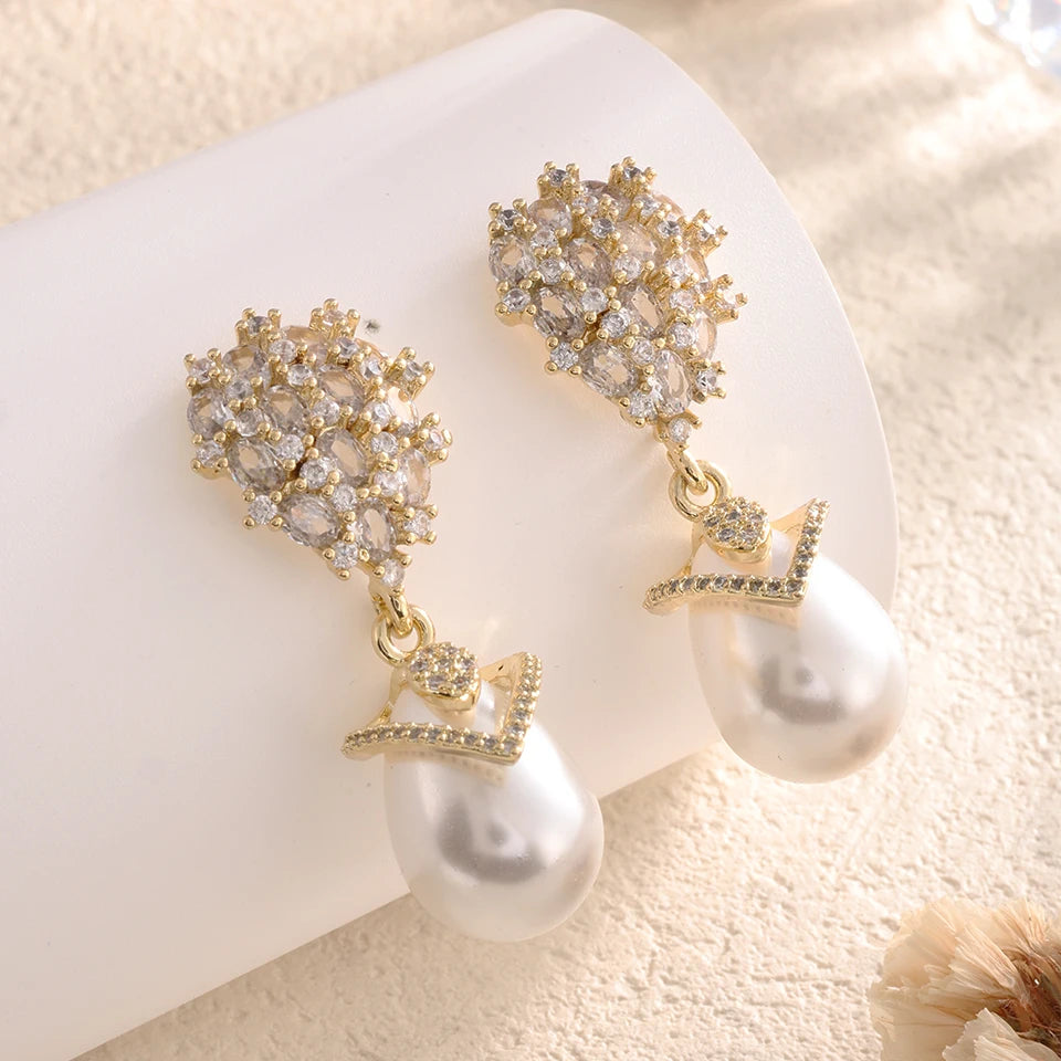 ZAKOL Luxury Big Teardrop Pearl Drop Earrings for Women Elegant Flower Shiny Zircon Wedding Party Jewelry Gift
