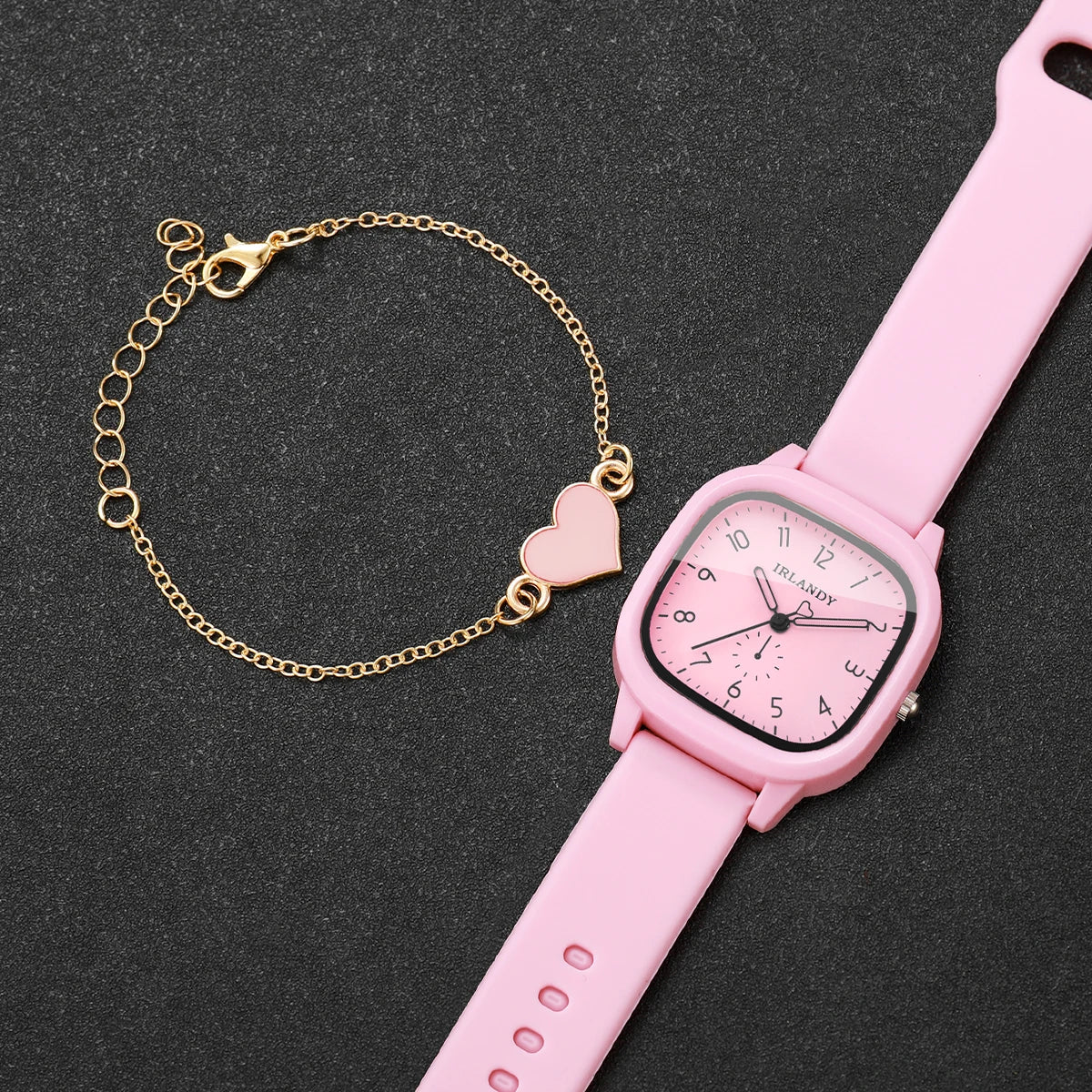2PCS Fashion Arabic Dial Women Quartz Watch Heart Bracelet Set Square Silicone Strap Wristwatches Relogio Feminino (Without Box)