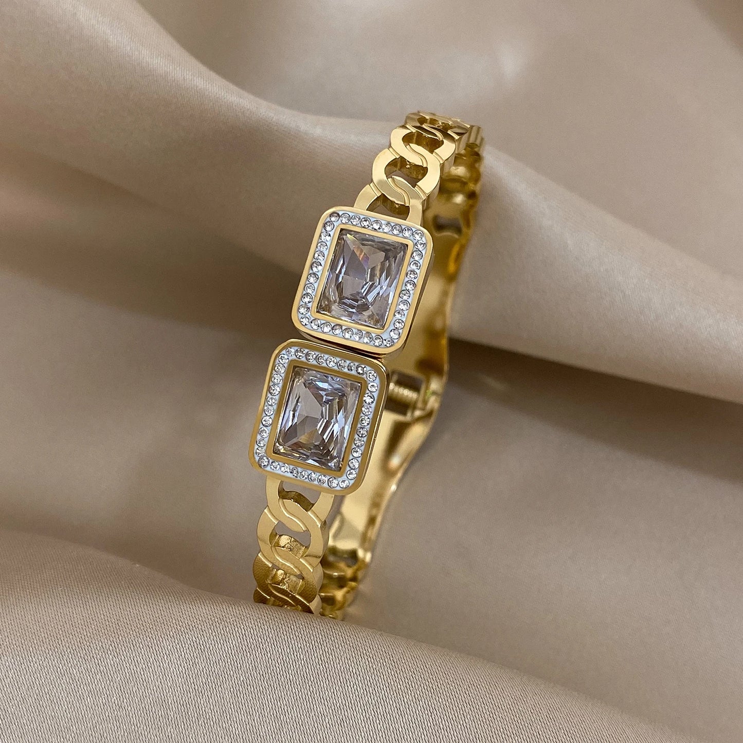 Flashbuy New Design Cubic Zircon Stainless Steel Bangles Bracelets for Women Geometric Gold Color Waterproof Fashion Jewelry