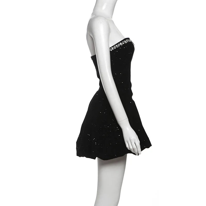 BKLD 2026 Winter New Women Clothing Elegant Fashion Strapless Sequin Diamonds Patchwork A-Line Puffy Dress Party Clubwear