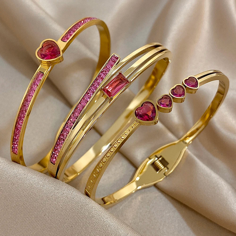 Flashbuy 3Pcs/Set 316L Stainless Steel Women's Bangles New Design Rose Red Love Heart Bracelets Waterproof Fashion Jewelry Gift