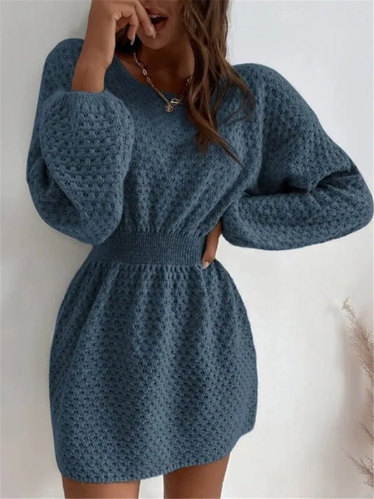 BKLD French Style Loose Round Neck High Waist Knitted Dress Solid Color 2026 Winter Women Clothing Long Sleeve Party Dress