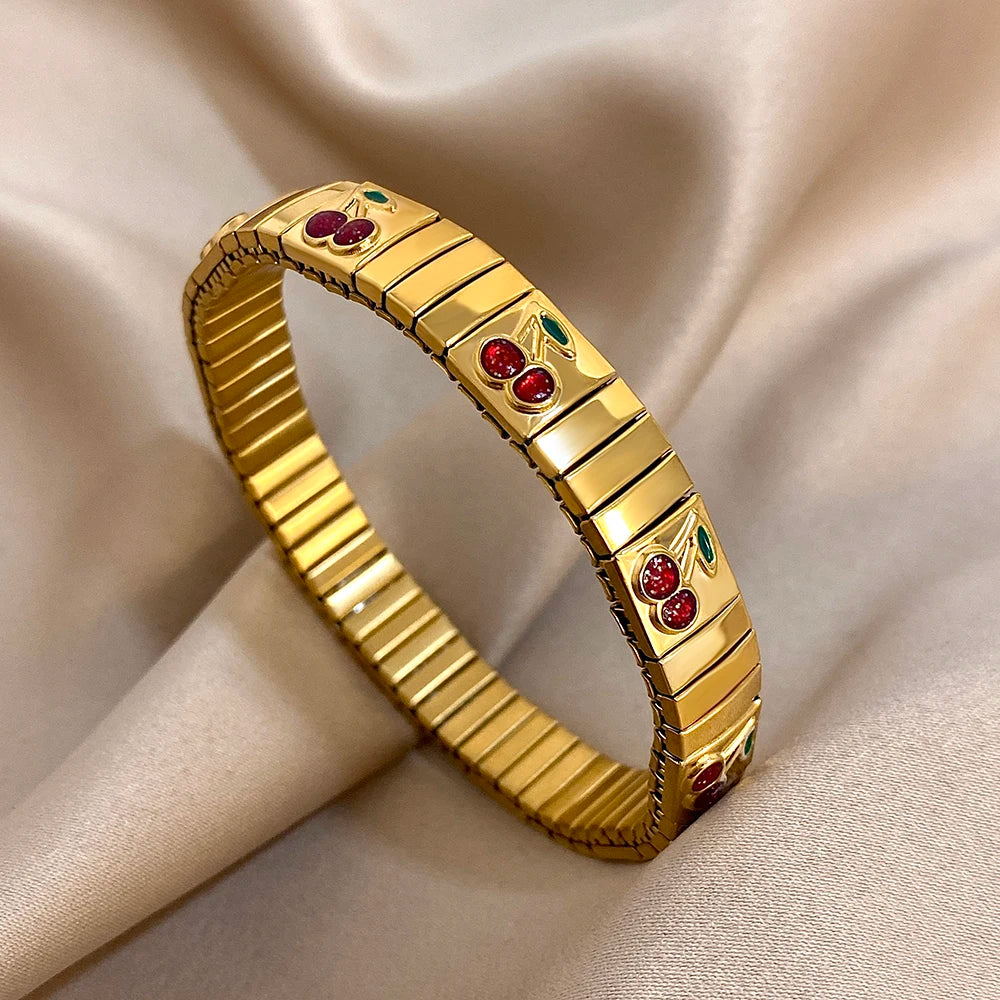316L Stainless Steel Gold Color Strawberry Cherry Elastic Bangle Bracelet For Women Men Statement New Trend Wrist Jewelry Gift