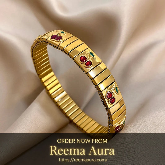 316L Stainless Steel Gold Color Strawberry Cherry Elastic Bangle Bracelet For Women Men Statement New Trend Wrist Jewelry Gift