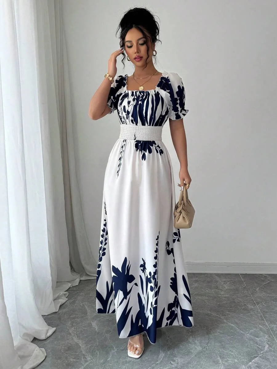 BKLD Women Clothing Summer Floral Print Dress Short Sleeve Square Collar Beach Holiday Outfits Waist Ruched Long Dresses Party