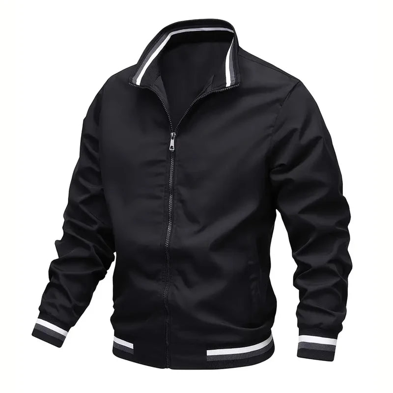New Autumn and Winter Men's Windproof Stand Up Collar Jacket, Men's Stand Up Collar Striped Collar Casual Top No Velvet Sports F