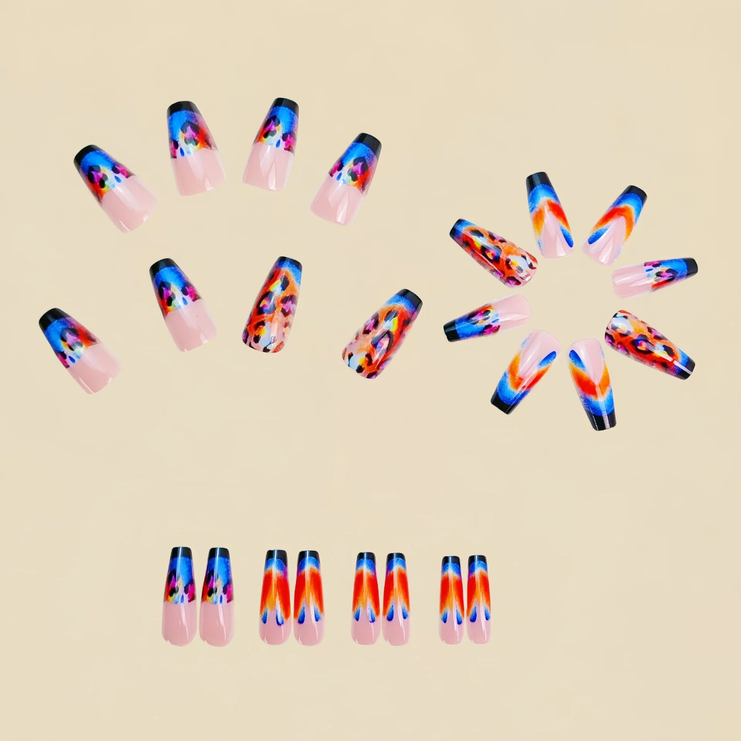 Medium fake nails for women girls gradient rose pink blue leopard print glossy Ballet shape full cover press on false nail art