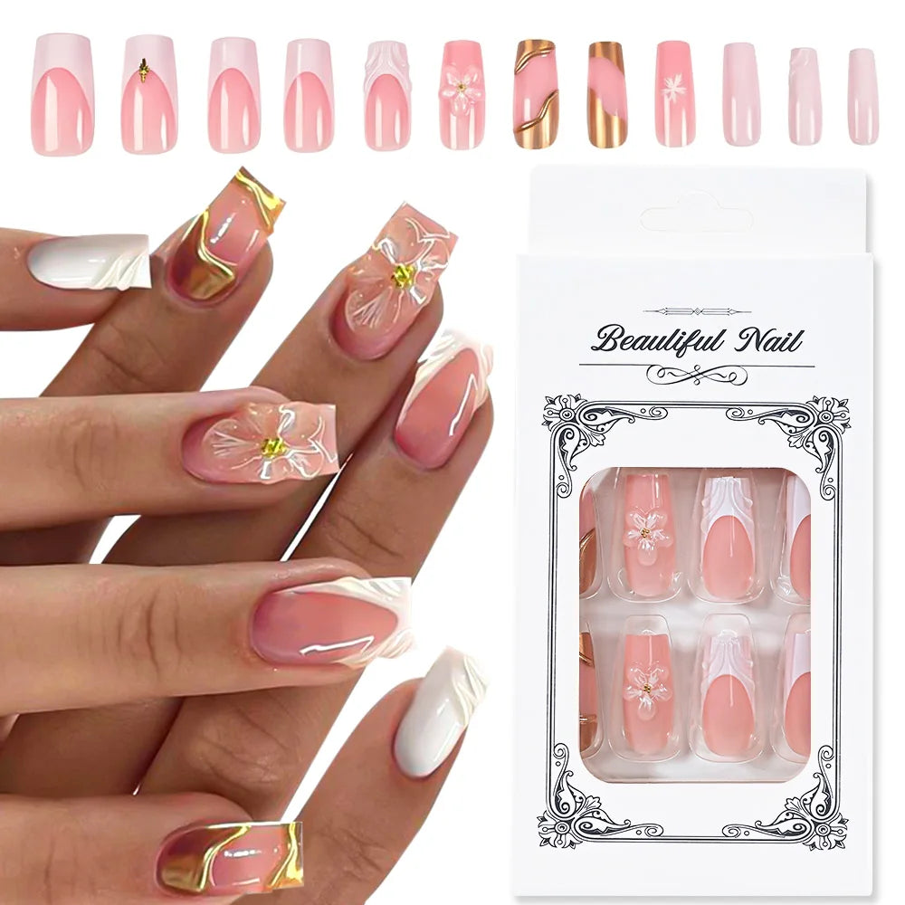 24Pcs Sweet Medium Square French False Nails Blush Pink Flower Full Cover Fake Nails Extension Acrylic Wearable Press on Nails