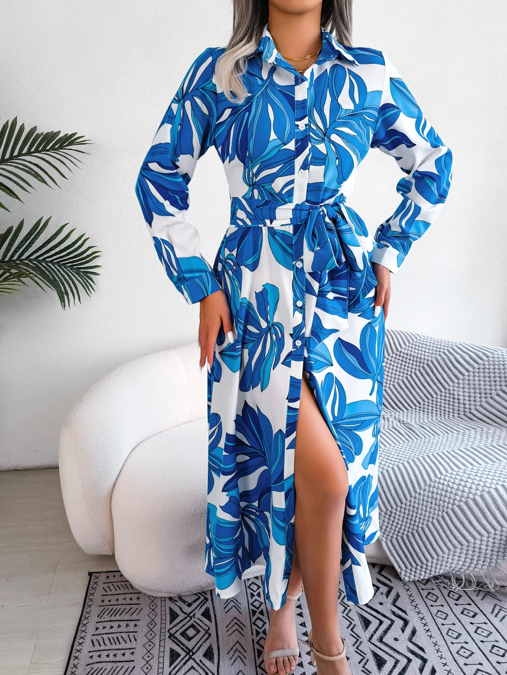 Women Casual Floral Print Long Sleeve Maxi Shirt Dress for Spring Autumn 2026 Elegant Contrast Color Lapel Buttons Long Dresses
