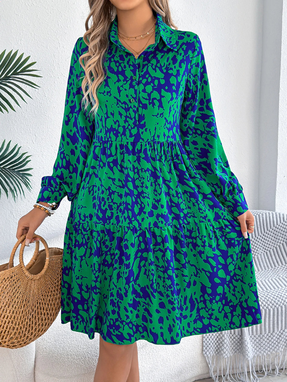 Spring Autumn Casual Vacation Single Breasted Turn Down Collar Long Sleeved Leopard Print Dresses for Women