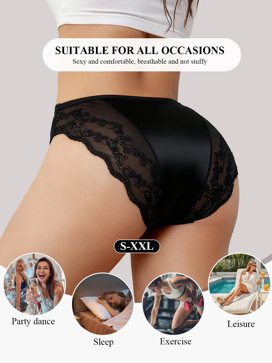 3PCS Black Lace Seamless Satin Underwear Elegant Women's Panties Hollow Out Lace Floral Design Sexy Briefs Breathable Lingerie