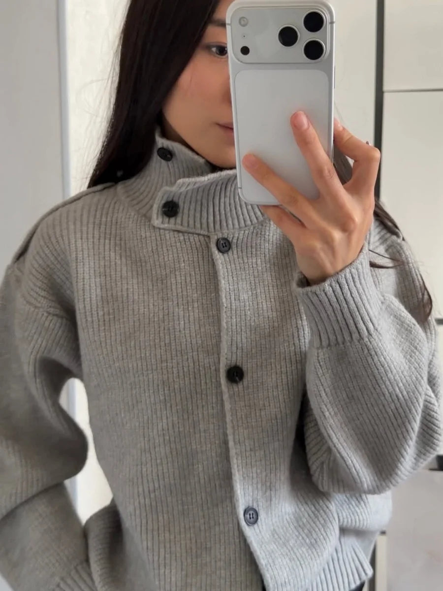 Casual Solid Knitted Cardigan For Women Long Sleeve Button Turtleneck Loose Warm Soft Sweaters Fashion Autumn Winter Outerwear