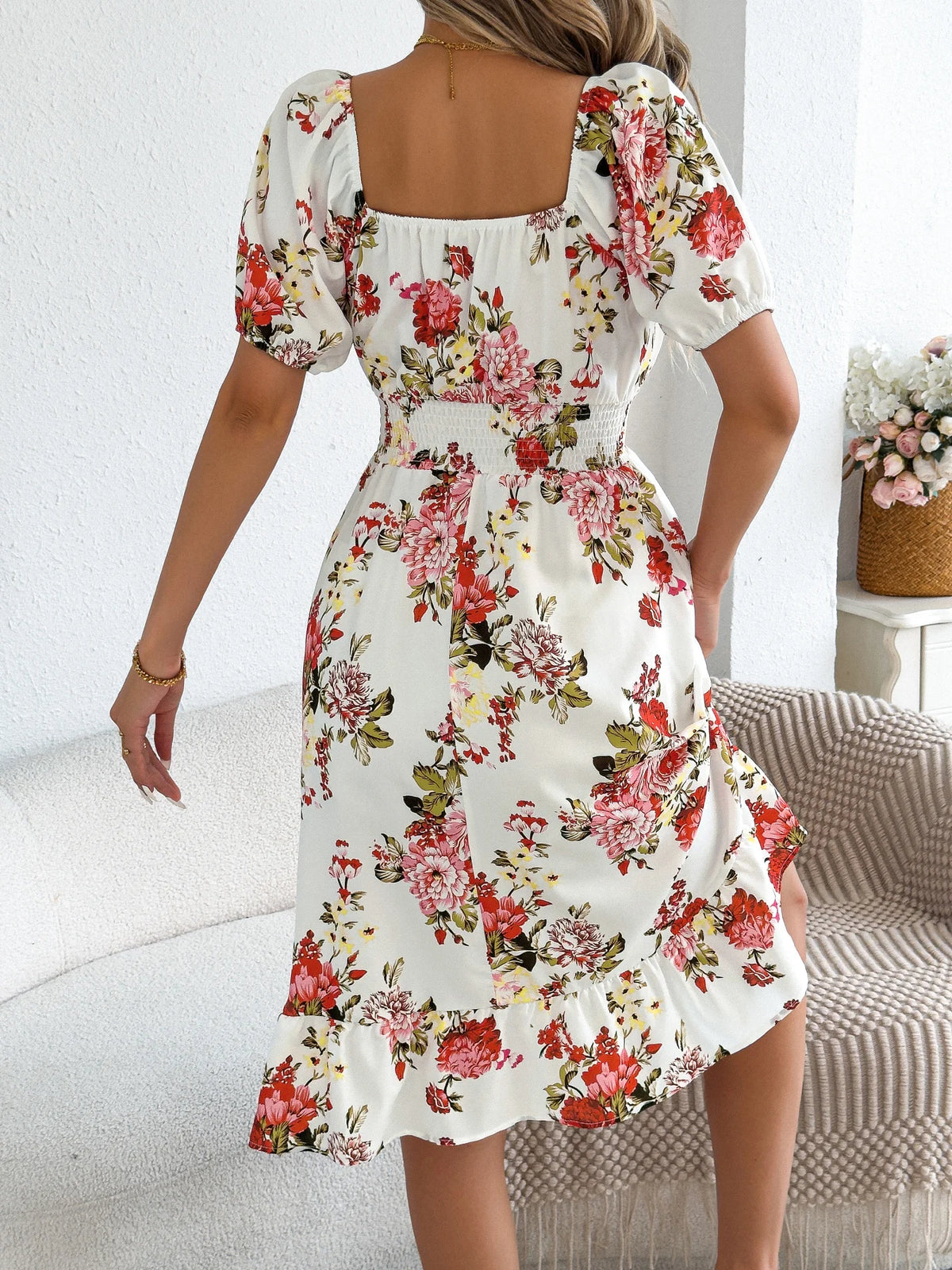 Elegant Floral Print Dresses for Women 2026 Spring Summer Casual Square Neck Short Sleeve Waist Cinching A Line Ruffled Dress
