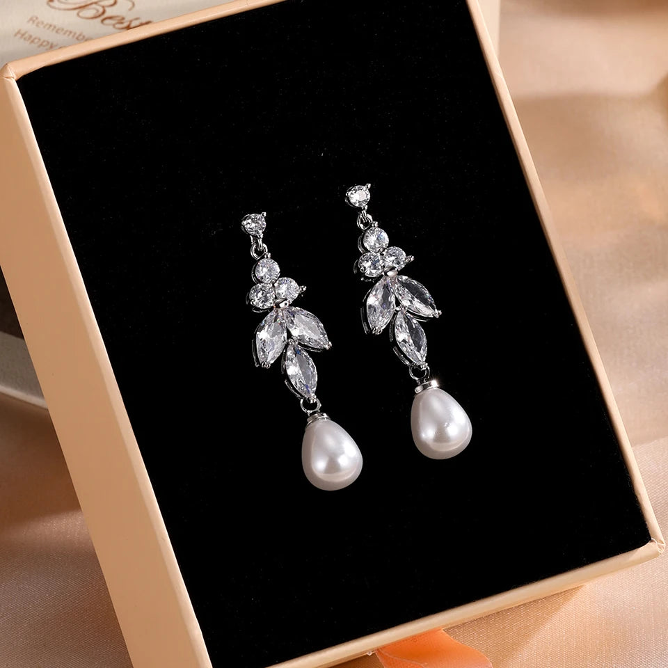 ZAKOL Luxury Teardrop Imitation Pearl Bridal Earring for Women Elegant AAA Cubic Zirconia Earring Wedding Accessories