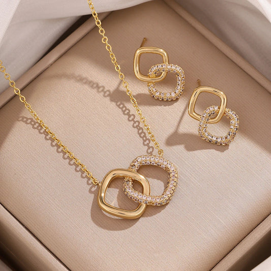 طقم مجوهرات زاكول للحفلات والمناسبات، يتضمن قلادة بدلاية مربعة هندسية مفرغة وأقراطًا، بتصميم عصري بسيط وزركون لامع، هدايا للأعياد