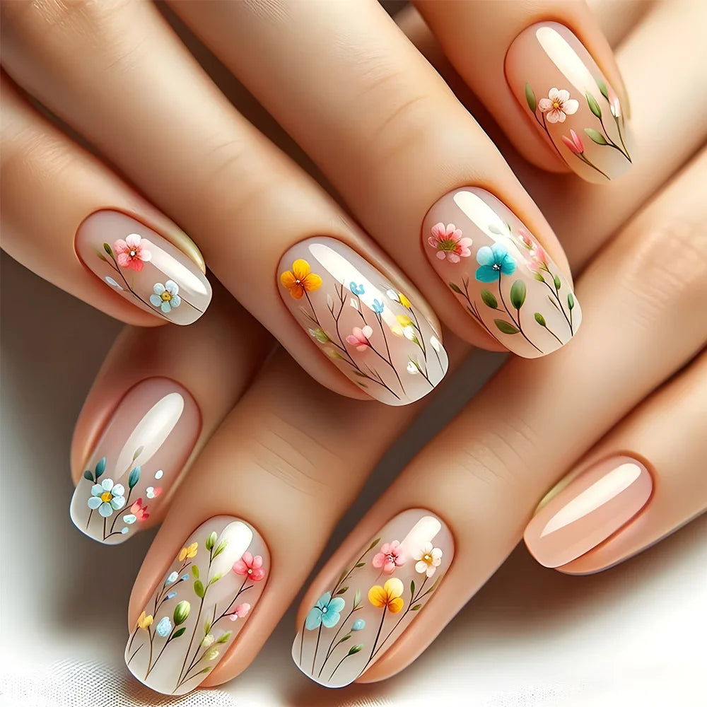 24Pcs Mid-length Ballet Fake Nail Full Cover Yellow Cute Bee Design Art with Glue Wearable French Colorful Flowers Manicure Tips