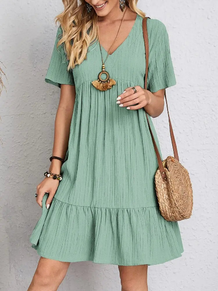 Women Elegant V Neck Ruffles Mini Dress Summer Vintage Solid Loose Sundress Bohemian Casual Solid Beach Party Vestidos
