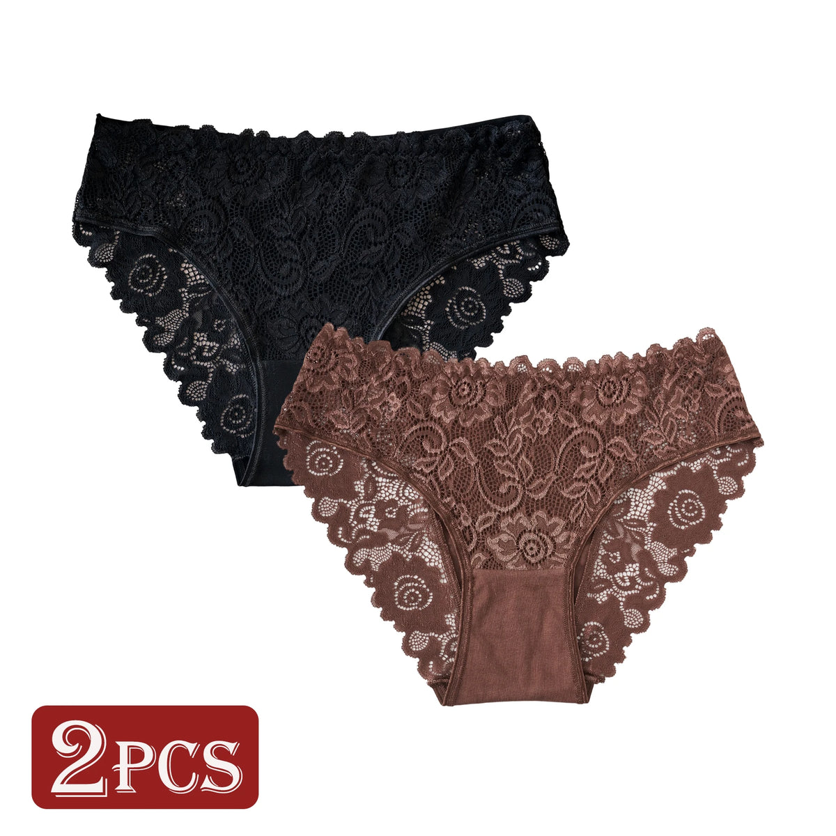 2PCS Hollow Lace Flower Design Sexy Briefs Elegant Women's Underwear Comfortable Breathable Cotton Panties Mid-Rise Lingerie