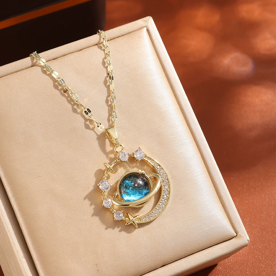 ZAKOL Delicate Micro-Inlaid Zircon Blue Planet Pendant Necklace for Women Titanium Steel Chain Collares Para Mujer